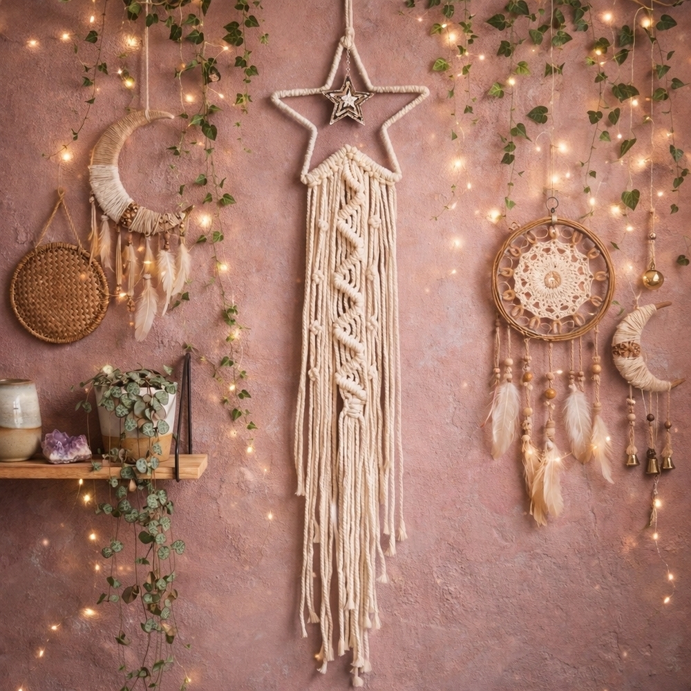 Celestial Macramรฉ Star Wall Hanging 38โ Cream Silver Charm Whimsigoth Decor - Picture 9 of 14
